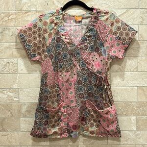 Elan by Barco Patchwork Medical Scrub Top Embroidered Eyelet